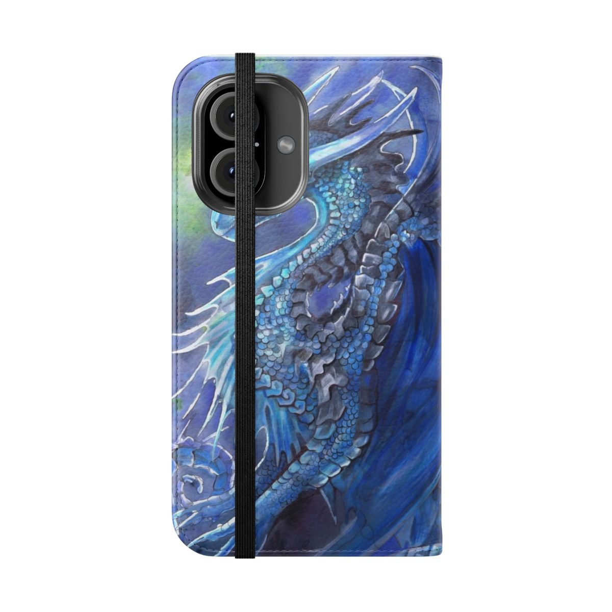 Vibrant blue dragon illustration on a flip cover phone case - Folded Front