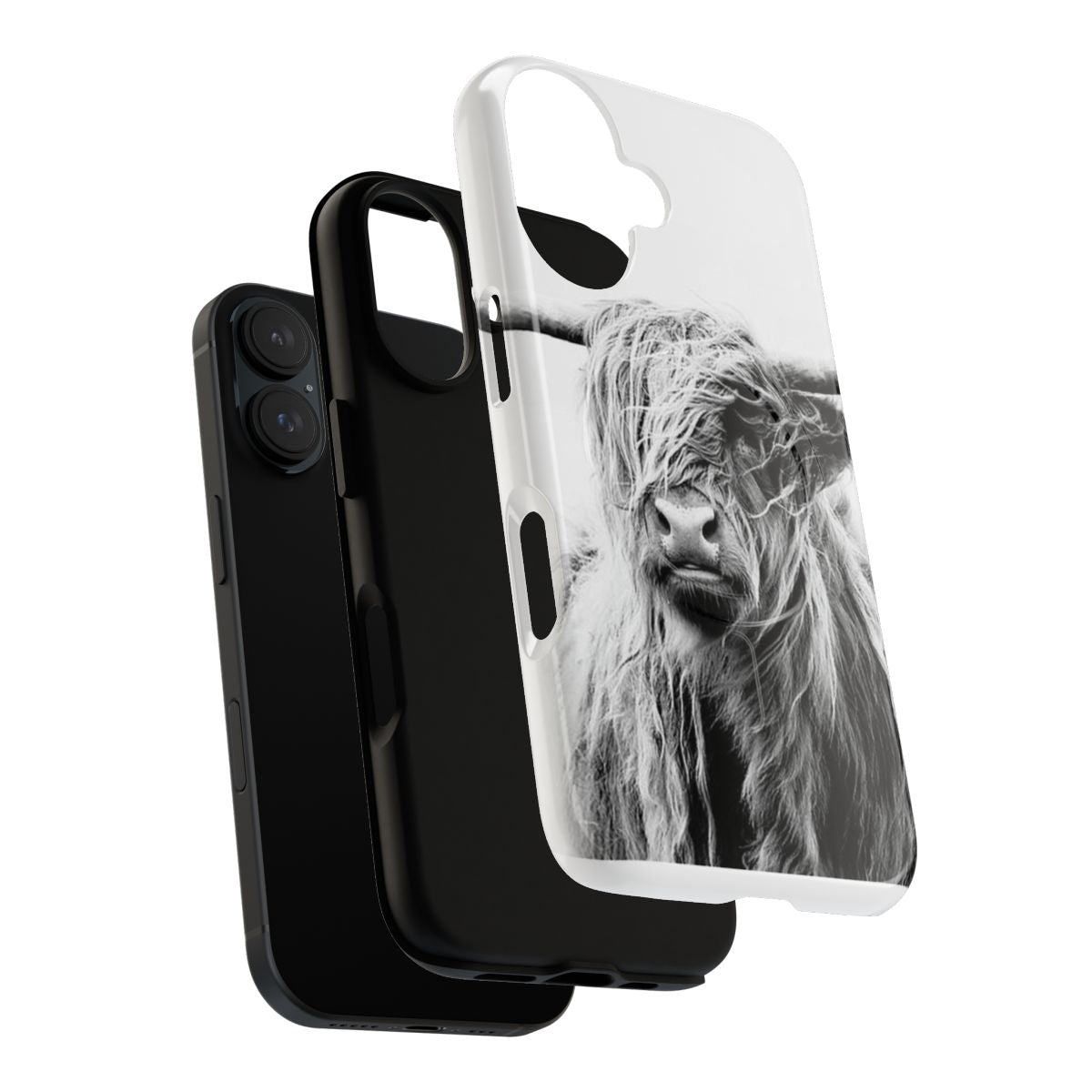 Magnetic tough phone case featuring a black and white highland cow graphic - Layers