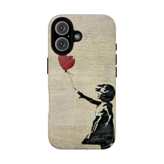 Banksy-inspired magnetic tough phone case featuring the iconic Girl with a Red Balloon stencil art