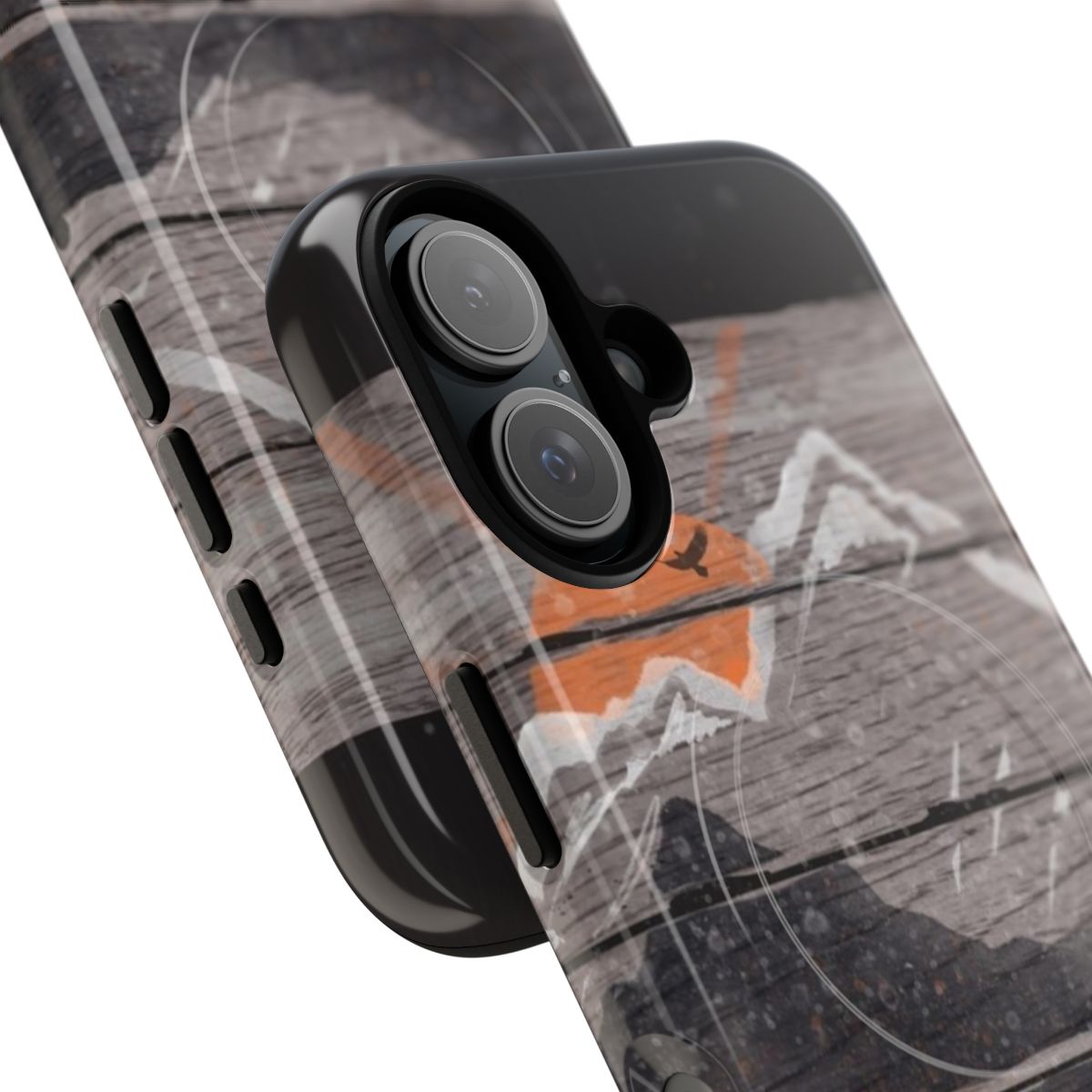 A rugged phone case with a nature-inspired design, featuring mountains, wildlife, and a scenic sunset. - Detail