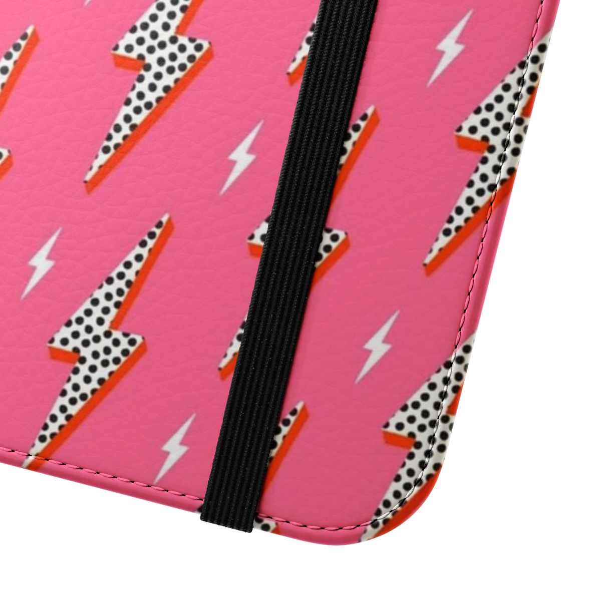 A pink flip cover phone case with a lightning bolt and thunder flash design. - Close Up