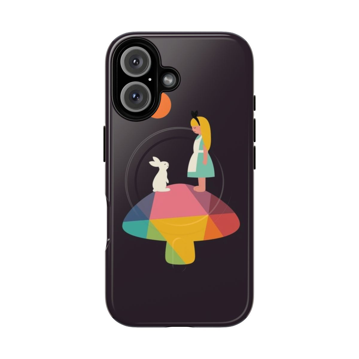 Colorful and whimsical phone case inspired by the Alice in Wonderland story with a magnetic closure for added protection.