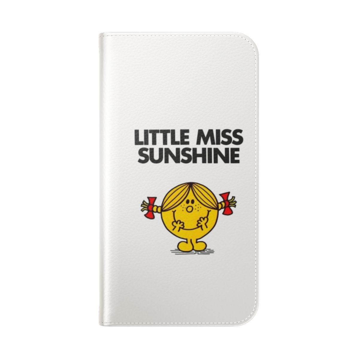 A vibrant flip cover phone case featuring a cheerful 'Little Miss Sunshine' design. - Folded Back