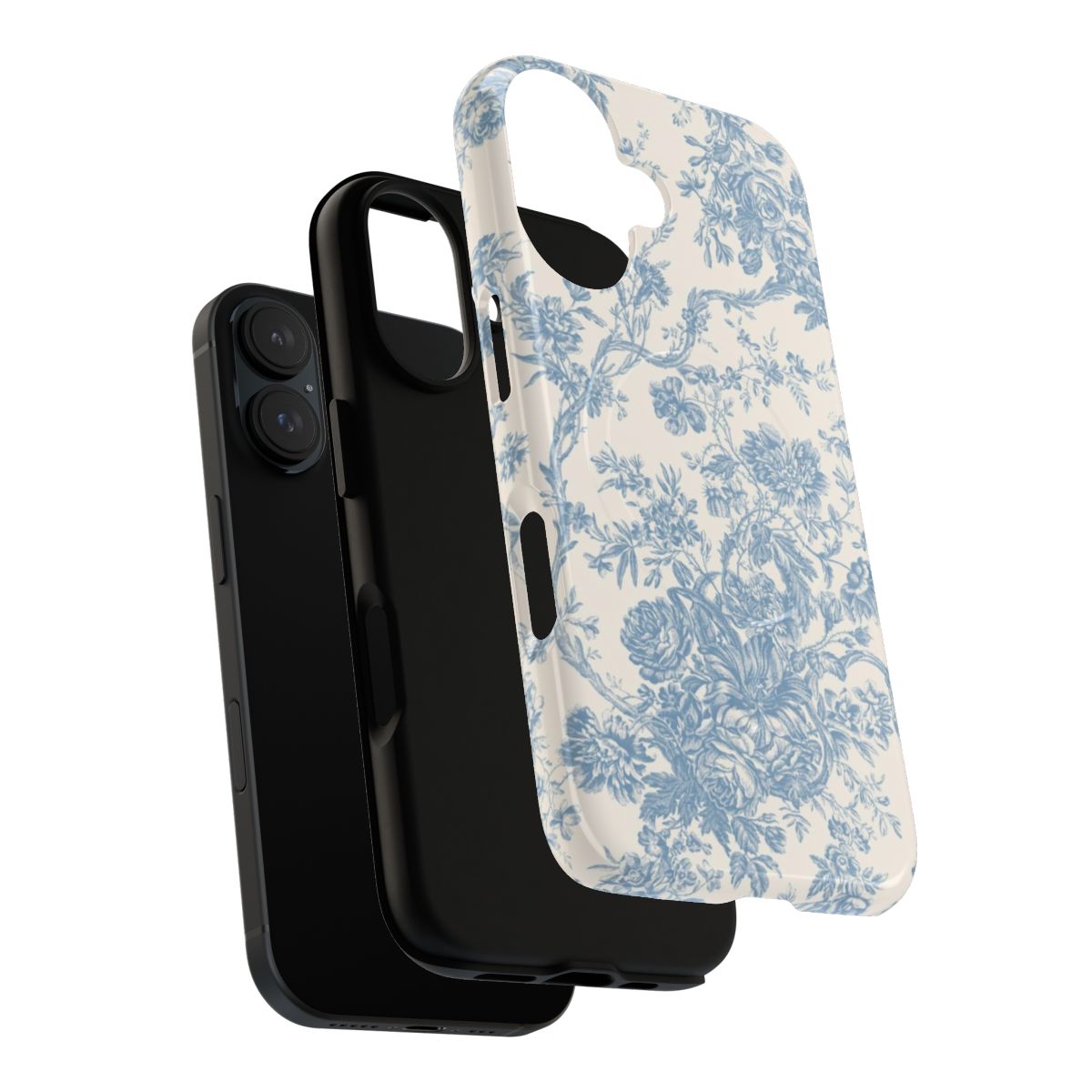 Magnetic phone case with a vintage-inspired French floral toile de jouy pattern in soft blue tones - Layers