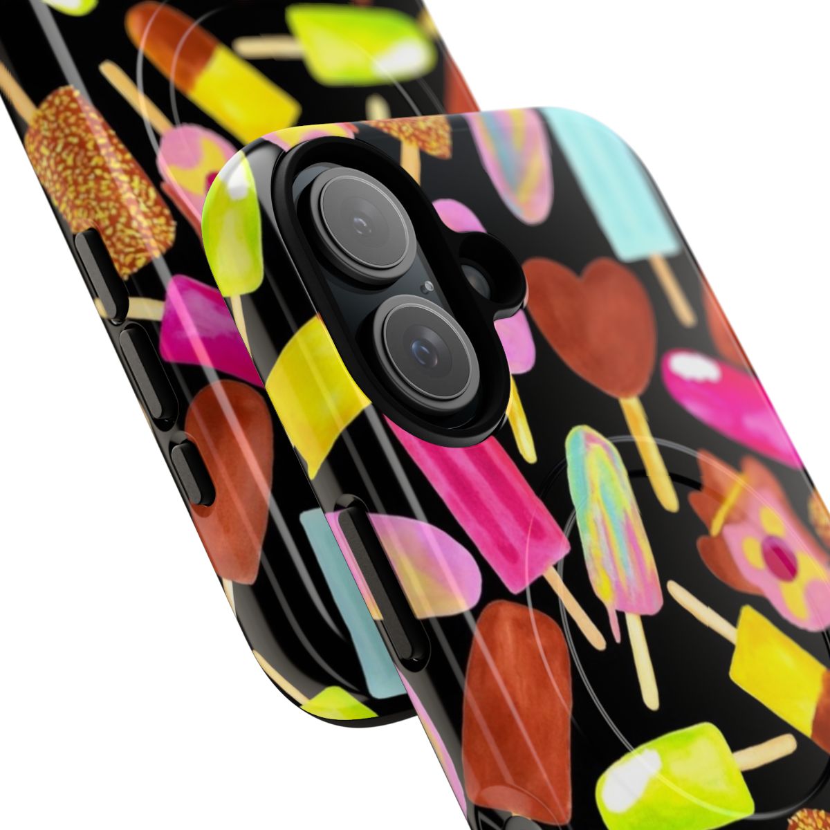 A black magnetic tough phone case with a scattered ice cream design, inspired by classic Australian ice cream brands. - Detail