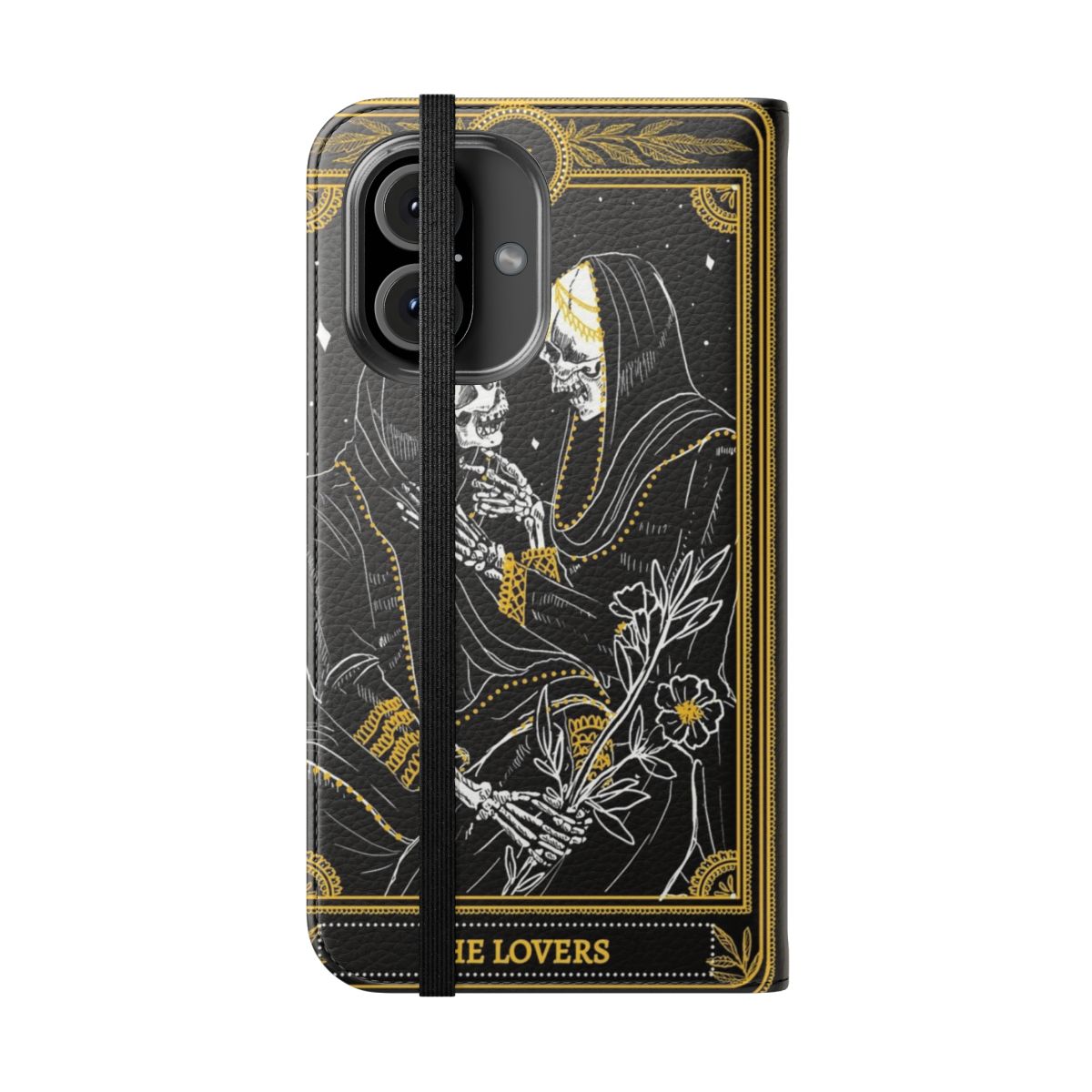 Dark Gothic Tarot Card Inspired Flip Phone Case with Skeleton Imagery - Folded Front