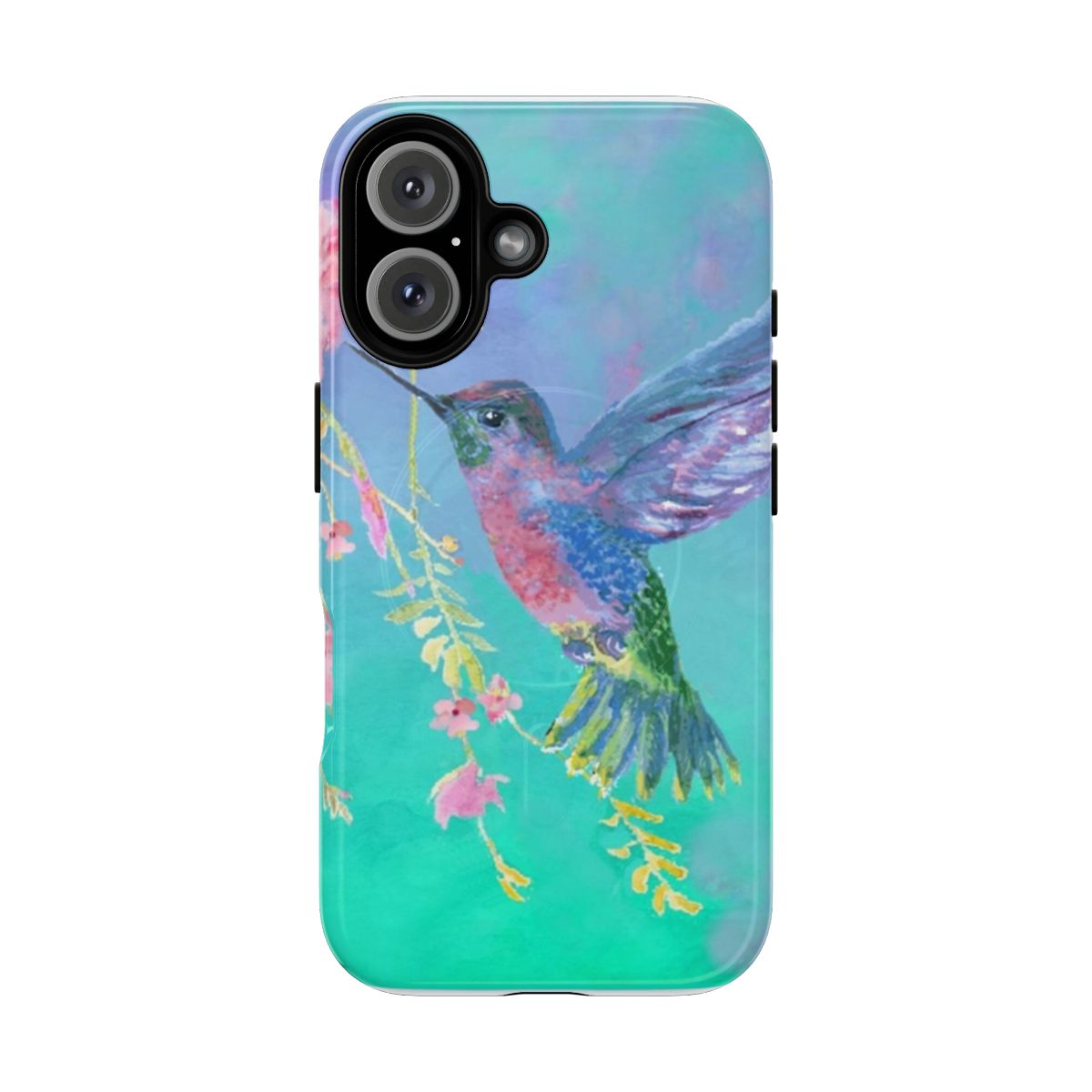 Vibrant hummingbird design on a durable, magnetic phone case.