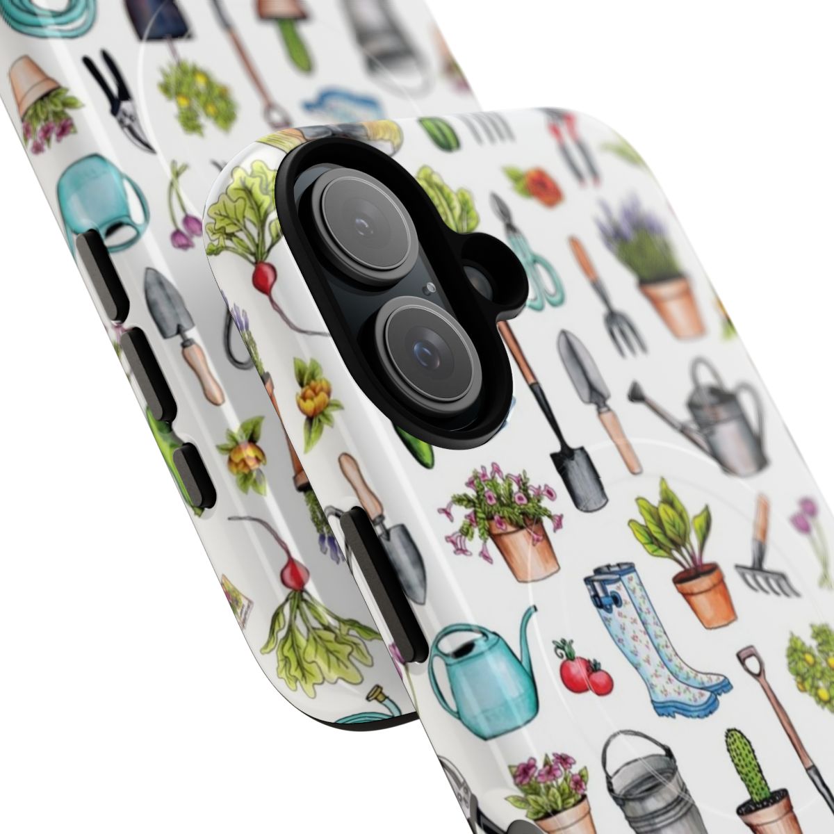 Magnetic phone case with a spring gardening pattern featuring various garden tools and supplies - Detail