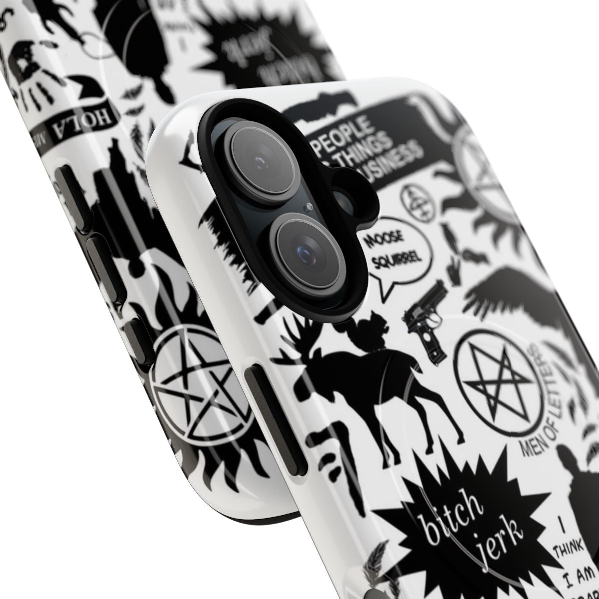 Protective phone case featuring supernatural-themed designs and symbols - Detail