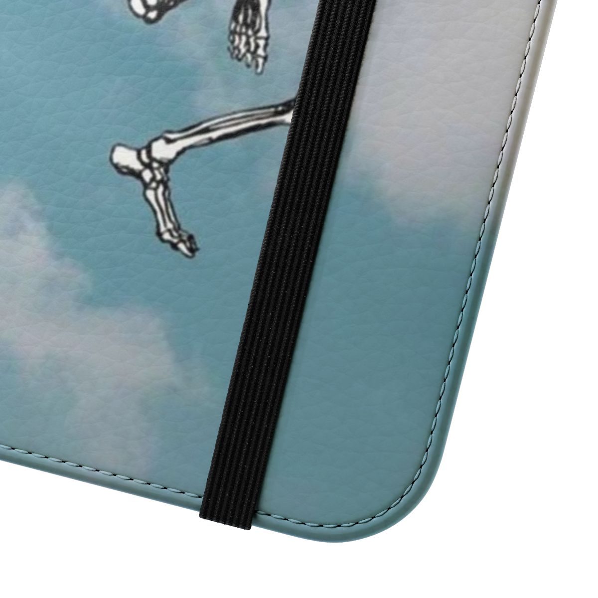 Image of a skull dancing in a beautiful blue sky on a flip phone case. - Close Up