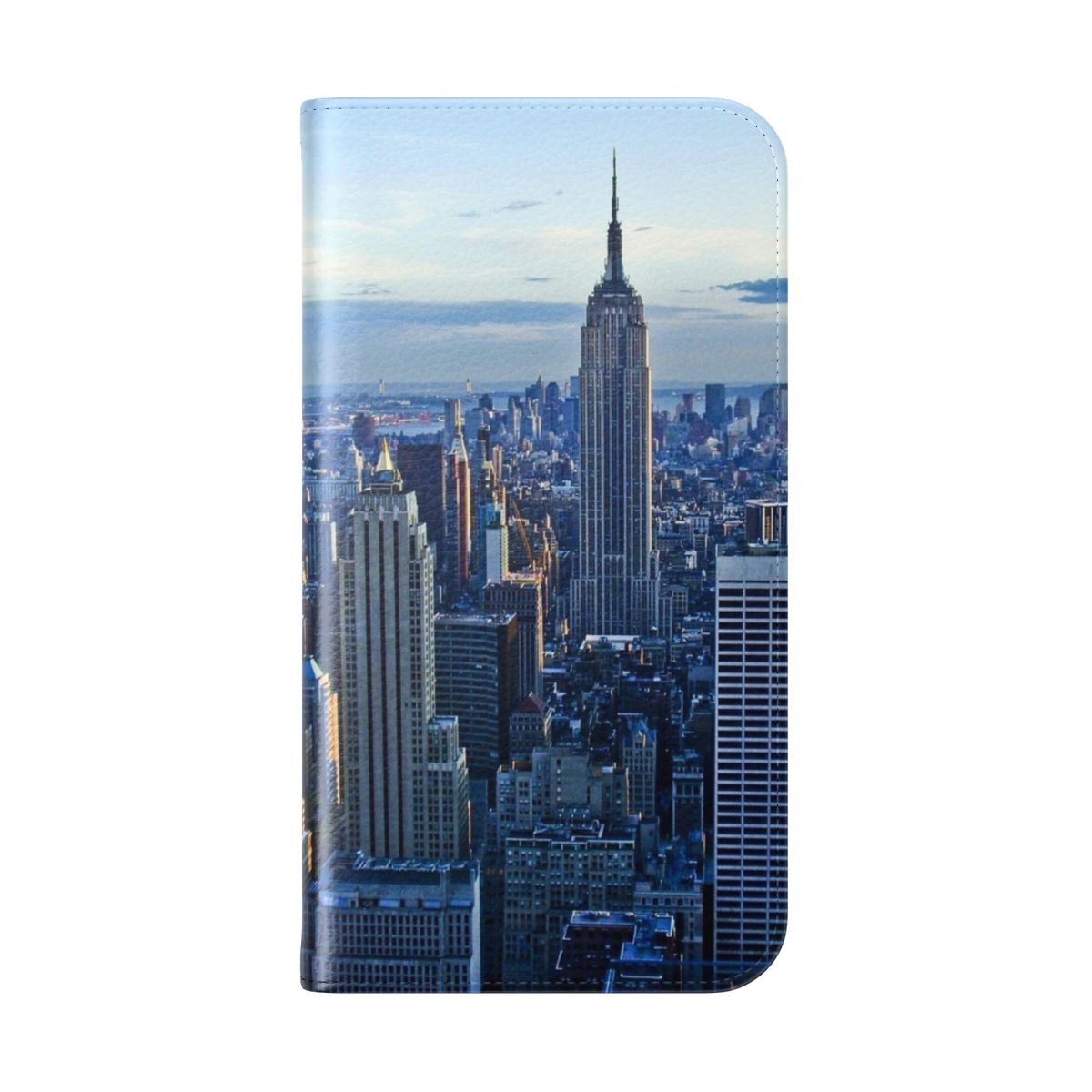 Flip phone case with a high-quality image of the iconic New York City skyline. - Folded Back