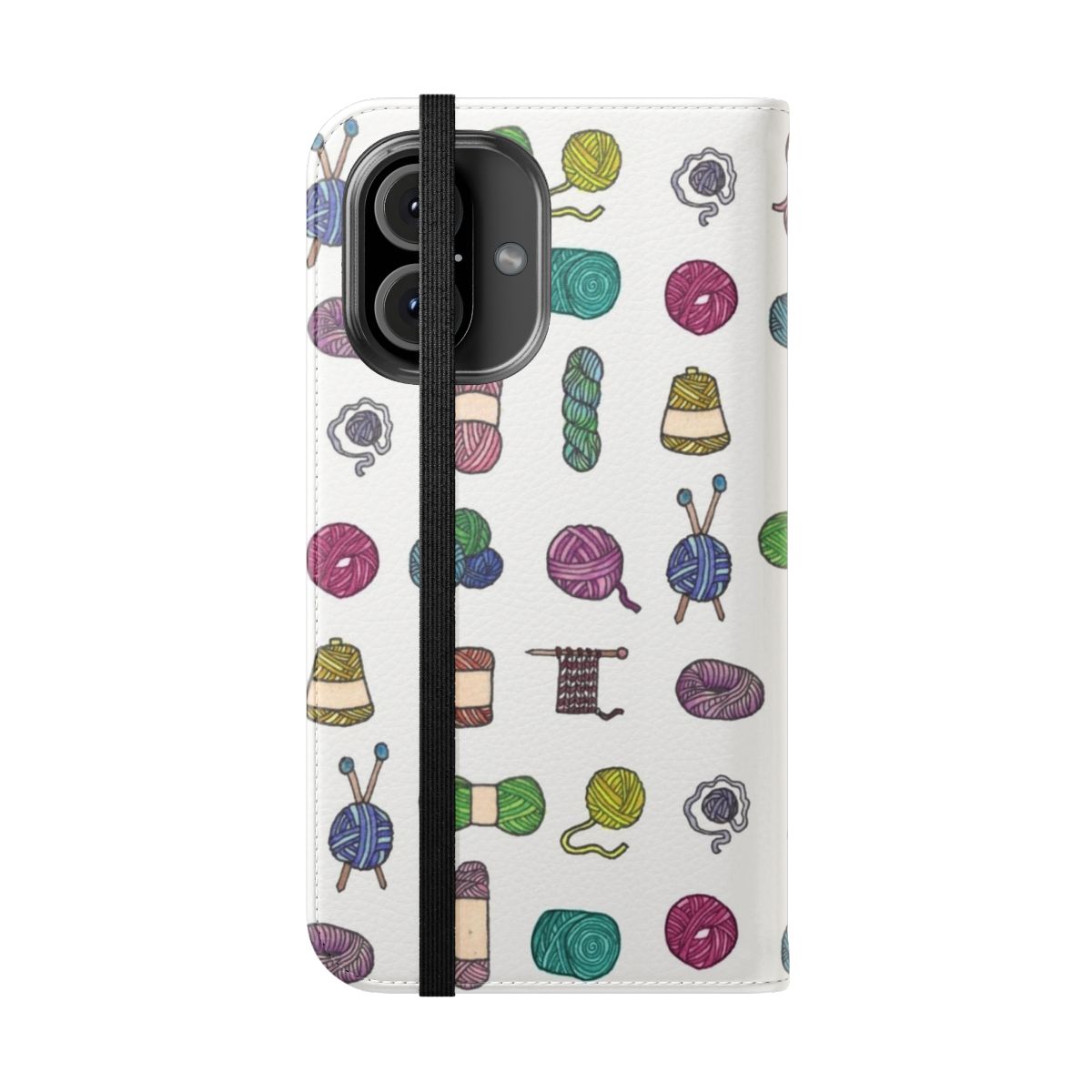 Watercolor illustration of knitting yarn balls on a flip cover phone case. - Folded Front