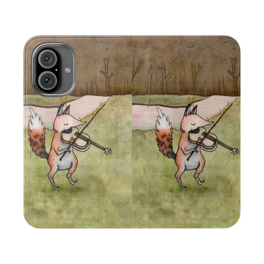 Illustration of a cute fox playing a violin on a flip phone case