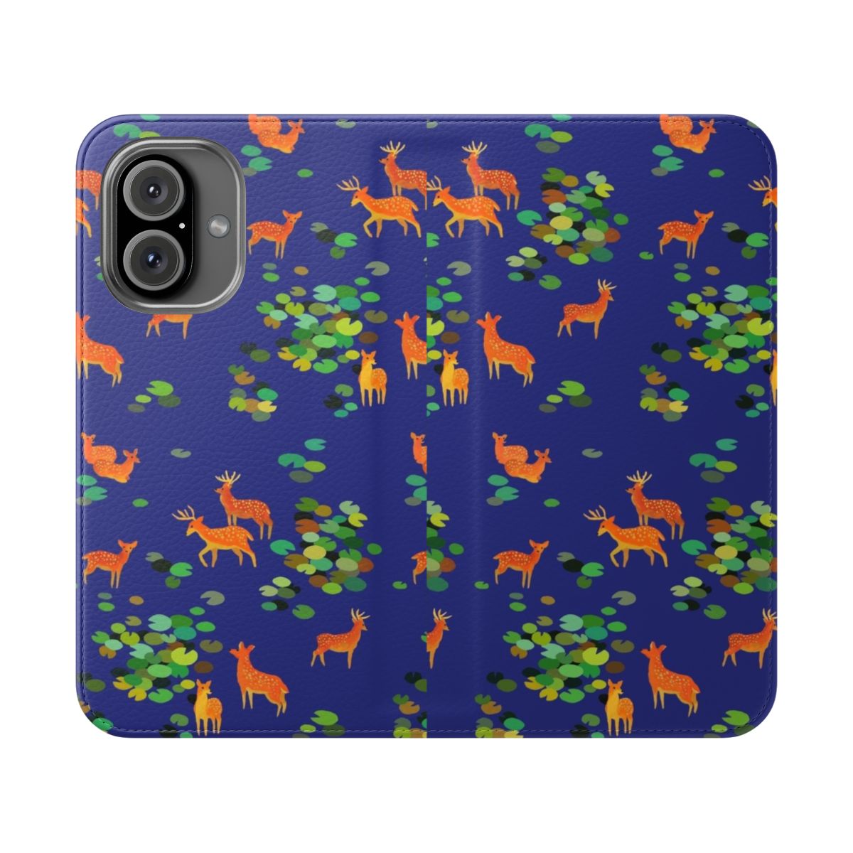 Closeup of a deer and lilypads on a botanical-themed phone case