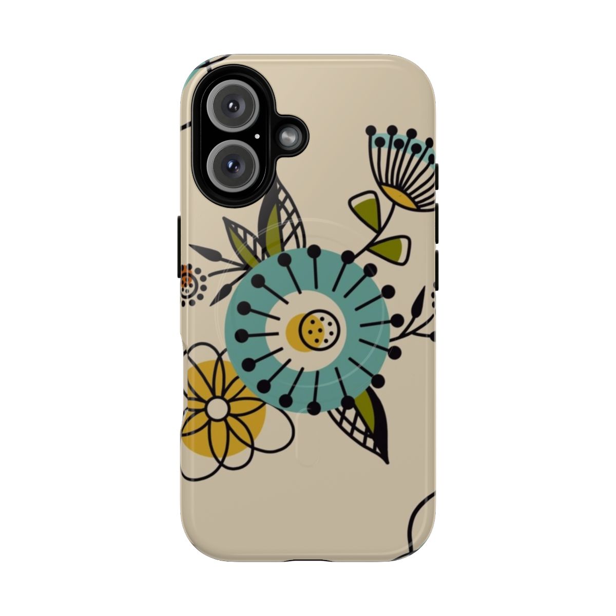 Mid century modern inspired phone case with a vibrant blue and yellow floral design