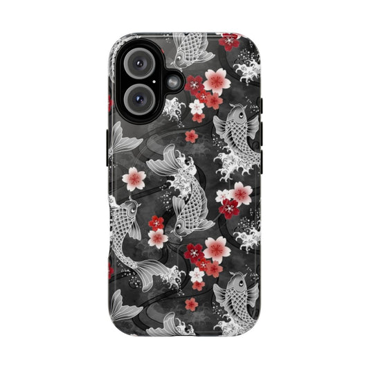 Vibrant watercolor-style image of koi fish and cherry blossoms on a black magnetic protective phone case