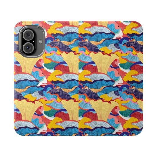 A colorful and creative phone case featuring a whimsical pattern of mushrooms in various shapes, sizes, and shades of red, orange, and brown.