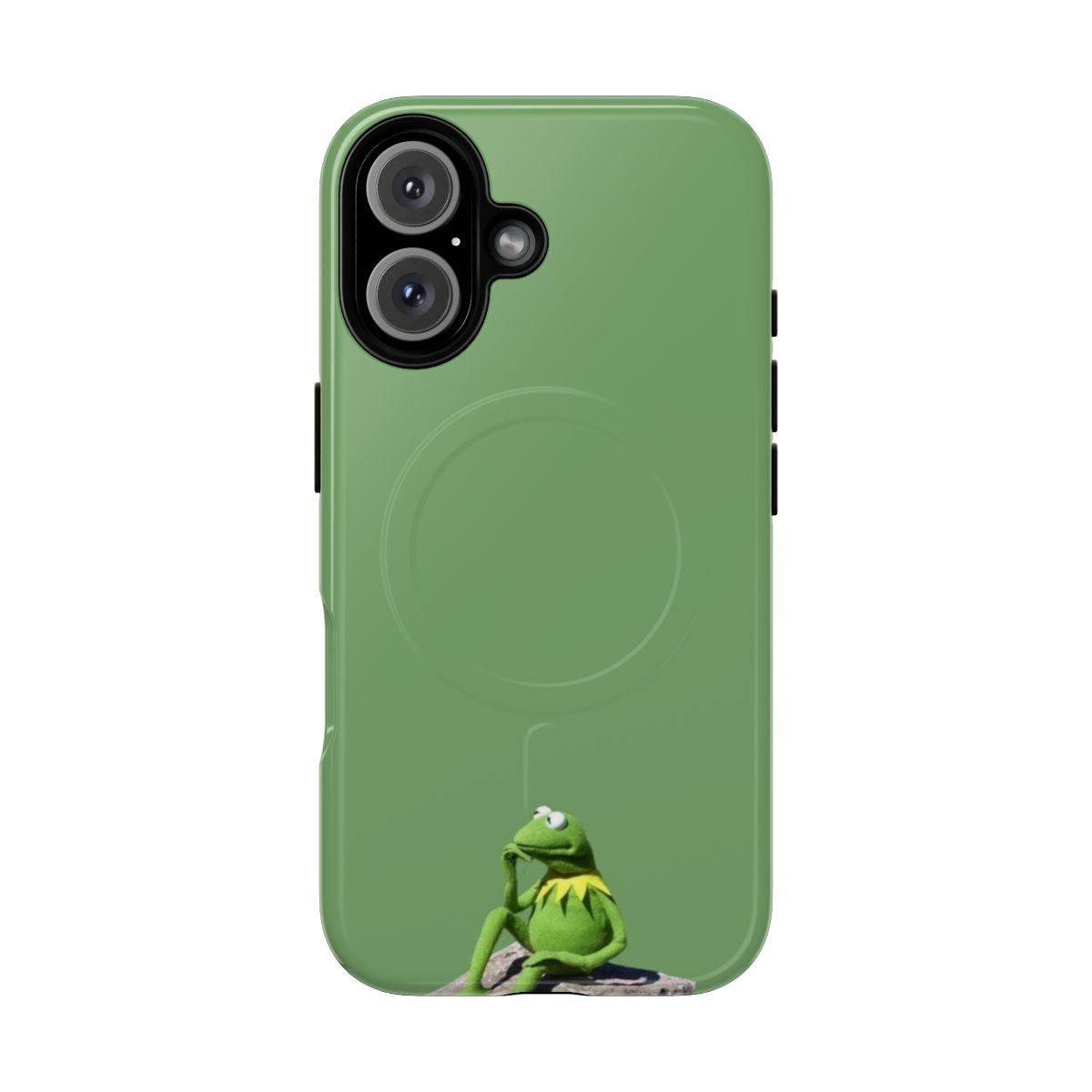 Magnetic tough phone case featuring a green frog in a thinking pose, inspired by the Kermit the Frog meme.