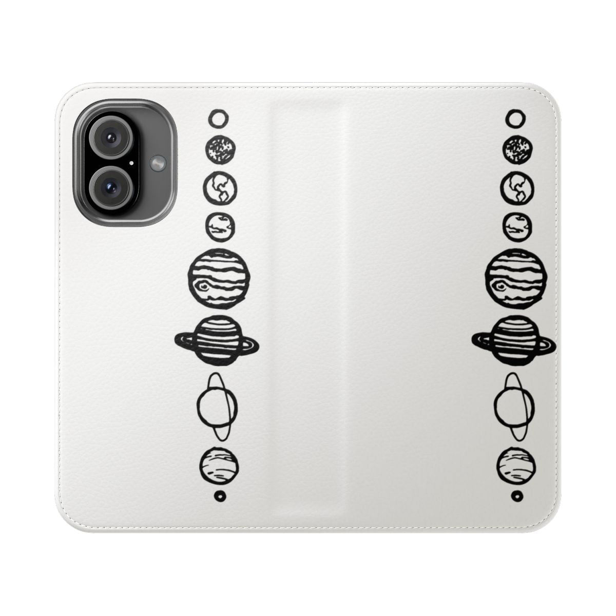 White phone case with planets, solar system, and space imagery