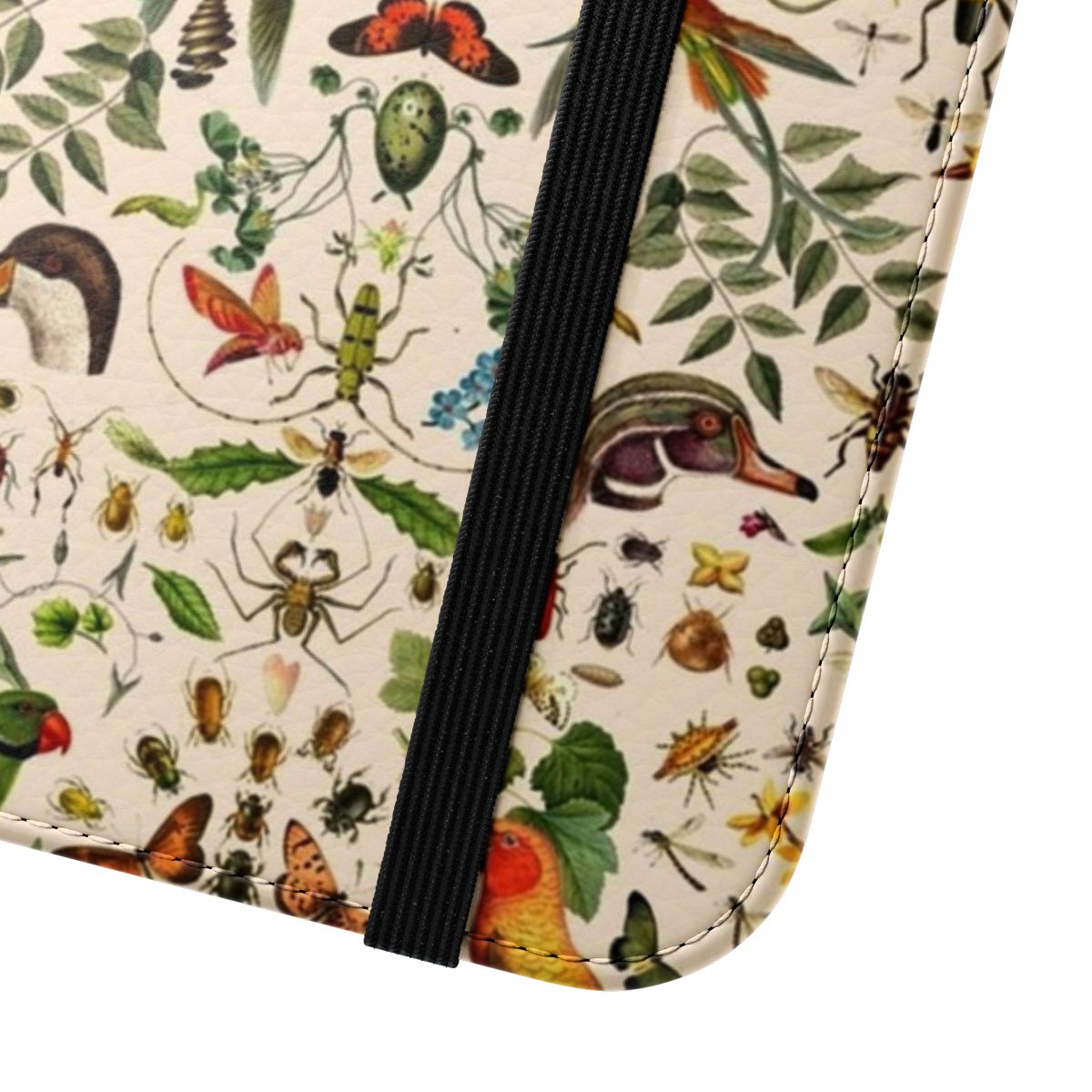 Colorful collage of nature elements including butterflies, birds, and flowers on a phone case. - Close Up