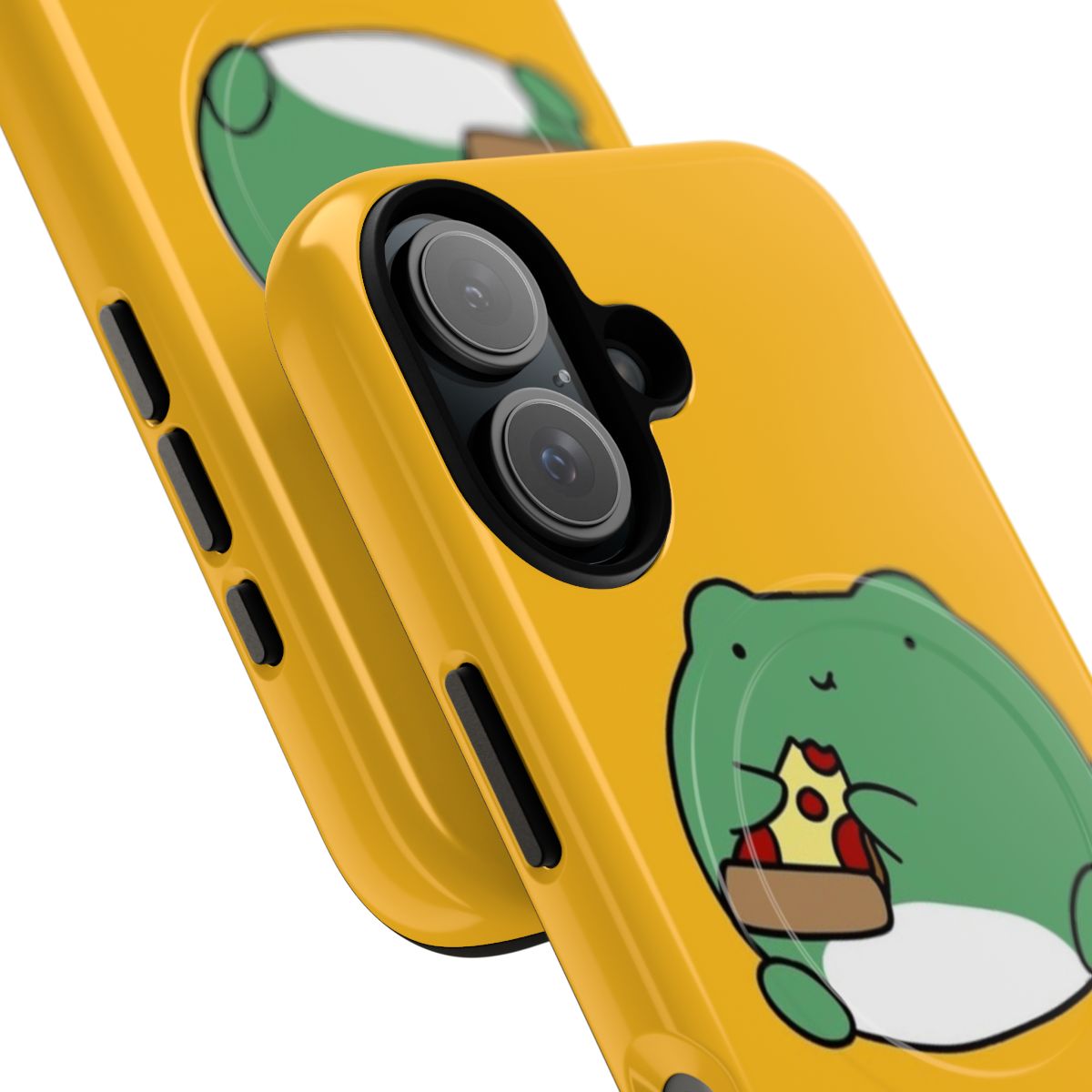 Illustration of a cute, chubby frog eating a slice of pepperoni pizza on a protective phone case - Detail