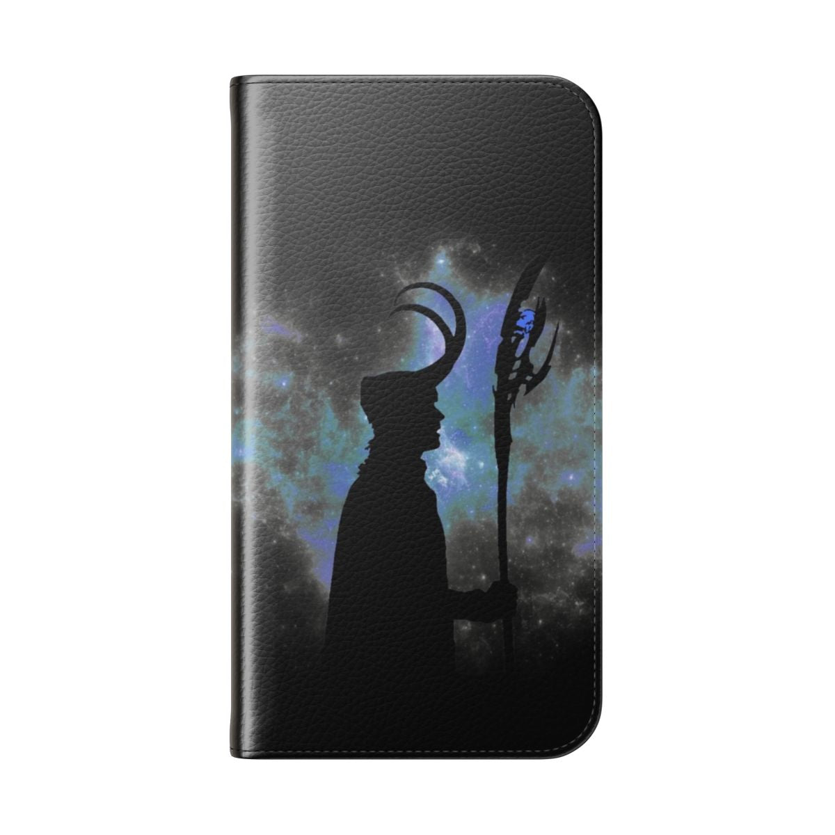 Vibrant Loki-themed flip cover phone case with silhouette design - Folded Back