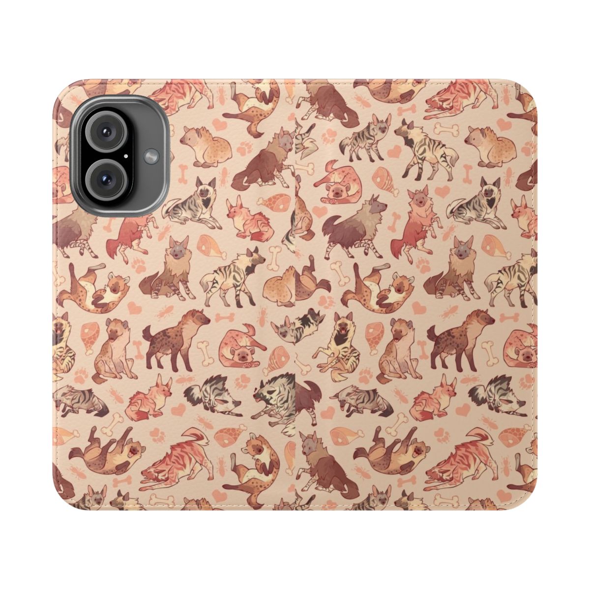 Closeup of a spotted hyena on a vibrant orange phone case with a flip cover.