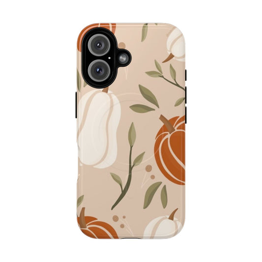 Pumpkin spice-themed magnetic and tough phone cases with fall leaves design