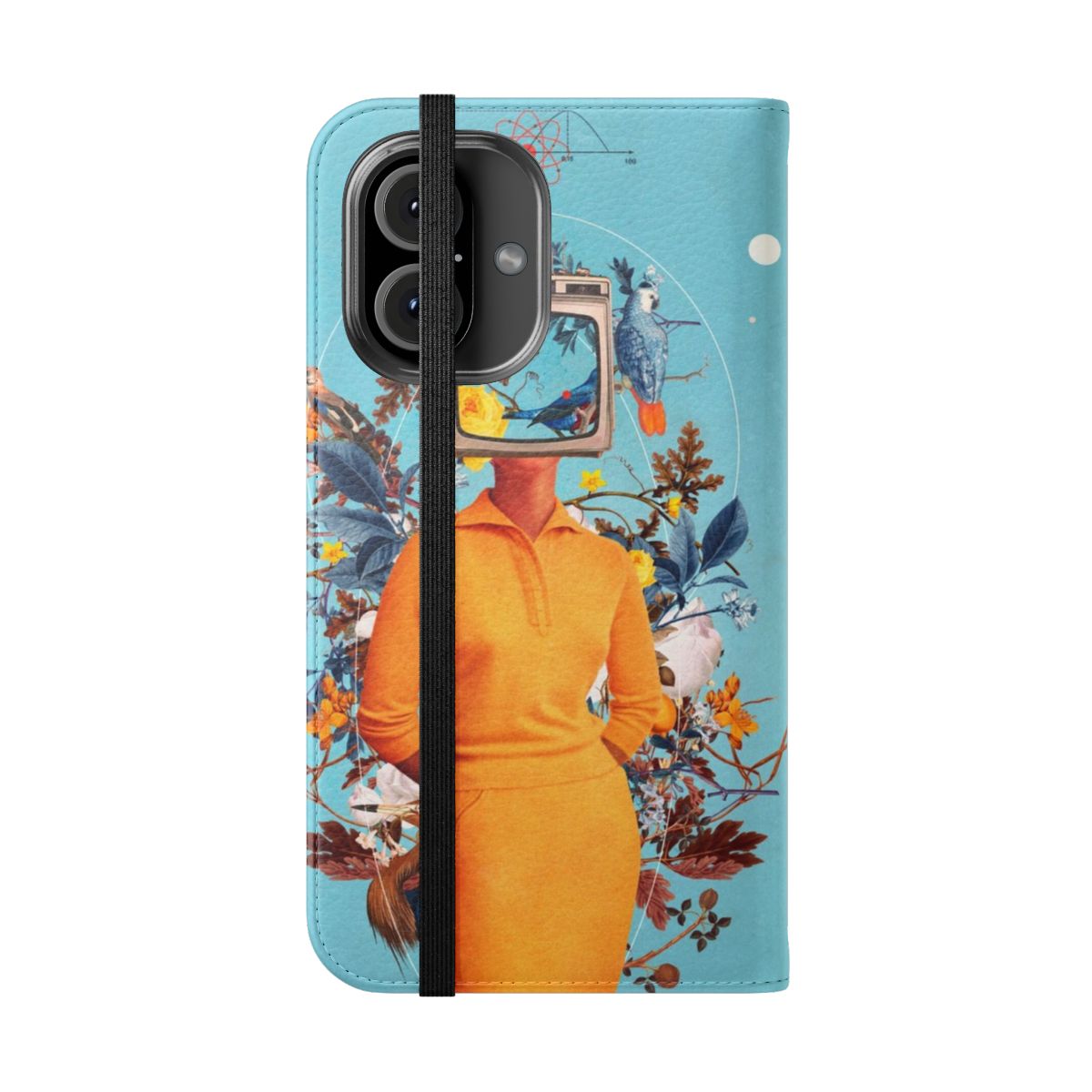 Surreal retro digital collage phone case with birds and geometric patterns - Folded Front