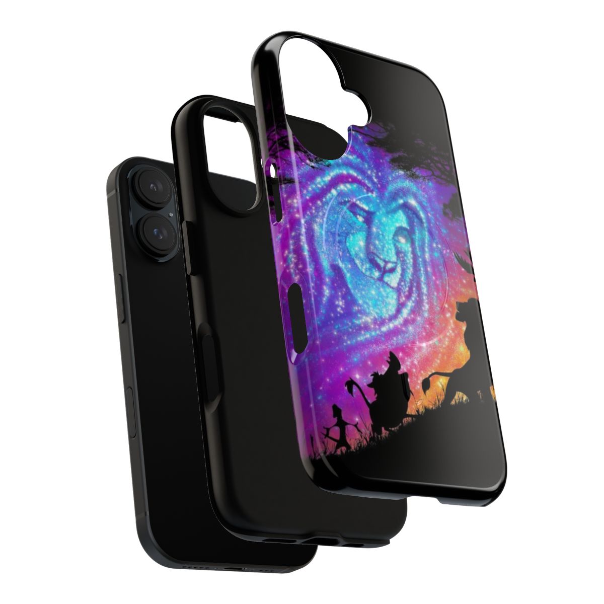 Magnetic tough phone case with Disney's The Lion King inspired design featuring Mufasa, Simba, Timon, and Pumba against an African sunset. - Layers