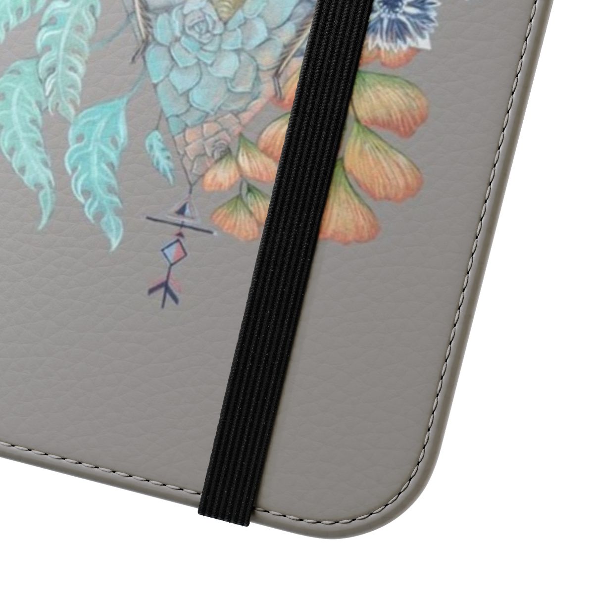 Flip cover phone case featuring a botanical design with a key and nature elements. - Close Up