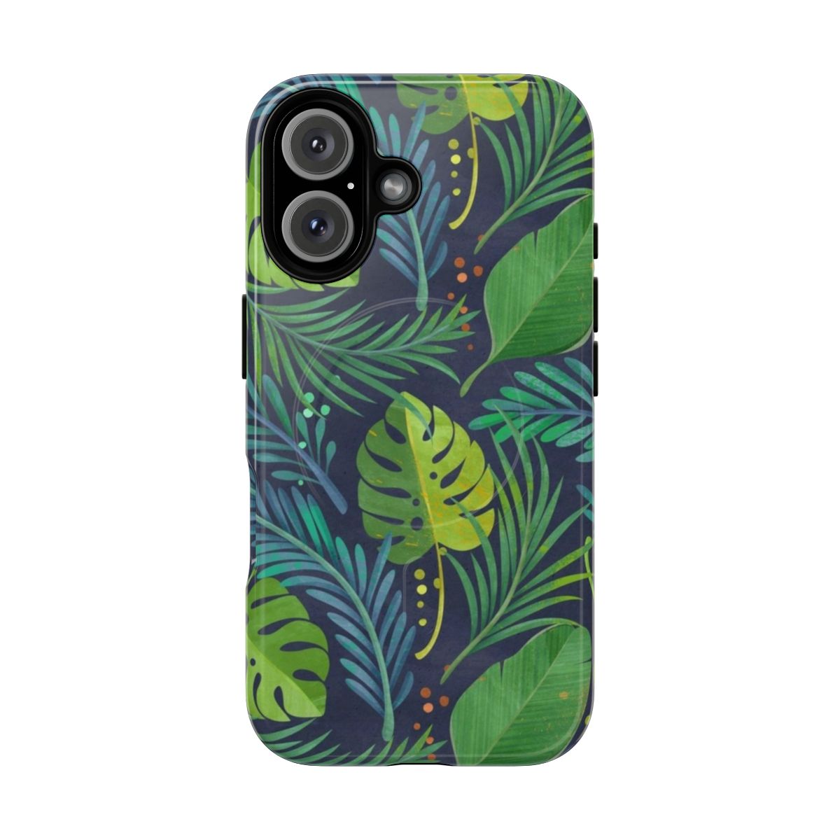 Tropical phone case with palm trees, banana leaves, and botanical pattern