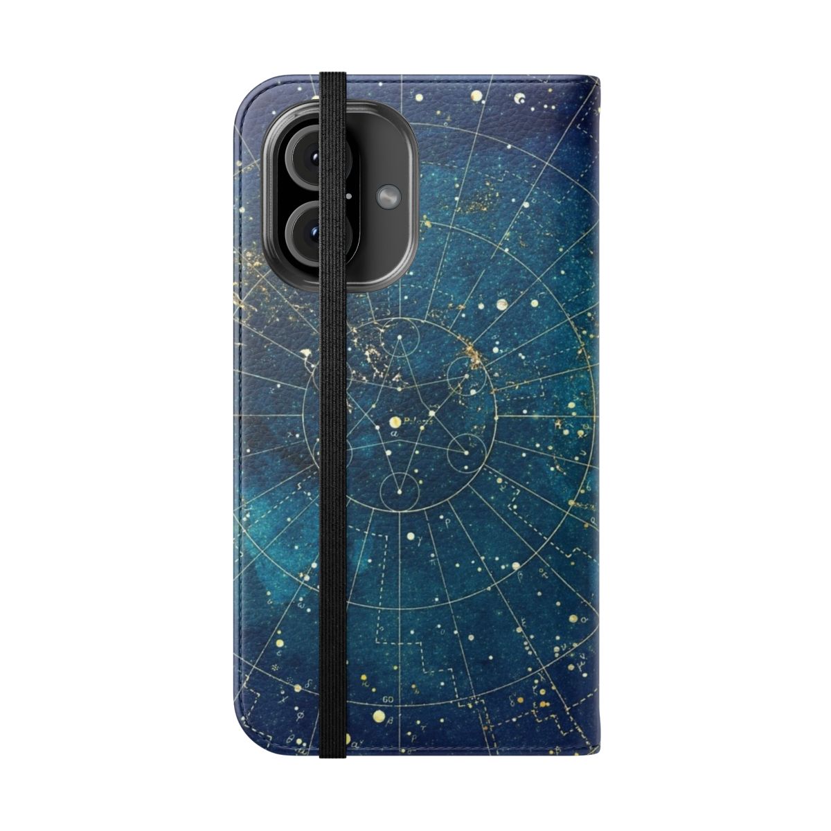 Flip cover phone case featuring a star map design with city lights on a dark background. - Folded Front