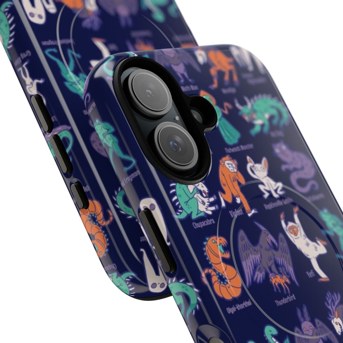 Magnetic tough phone case featuring various cryptid creatures from mythology and folklore - Detail