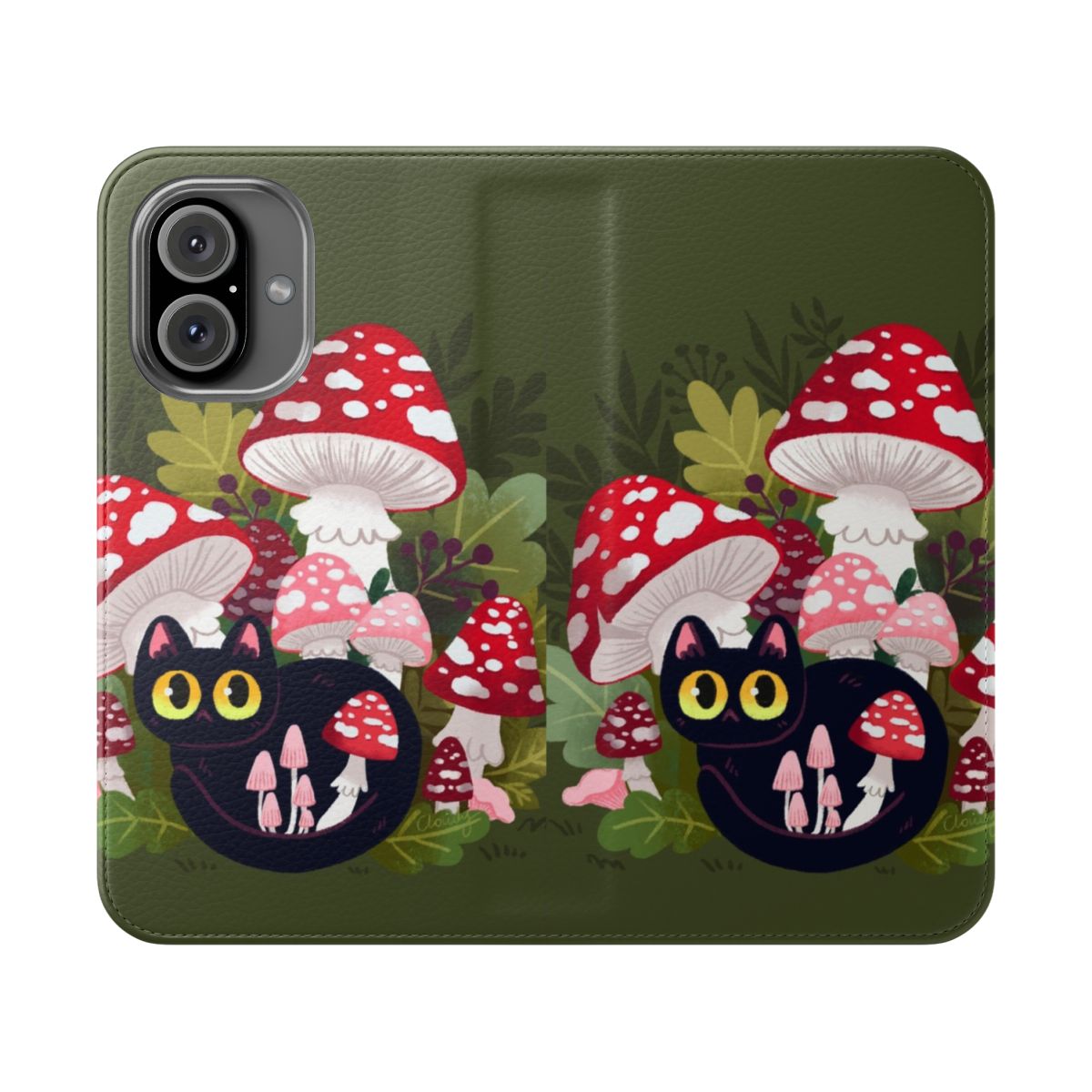 A flip phone case featuring a cute black cat surrounded by mushrooms, in a whimsical forest-inspired design.