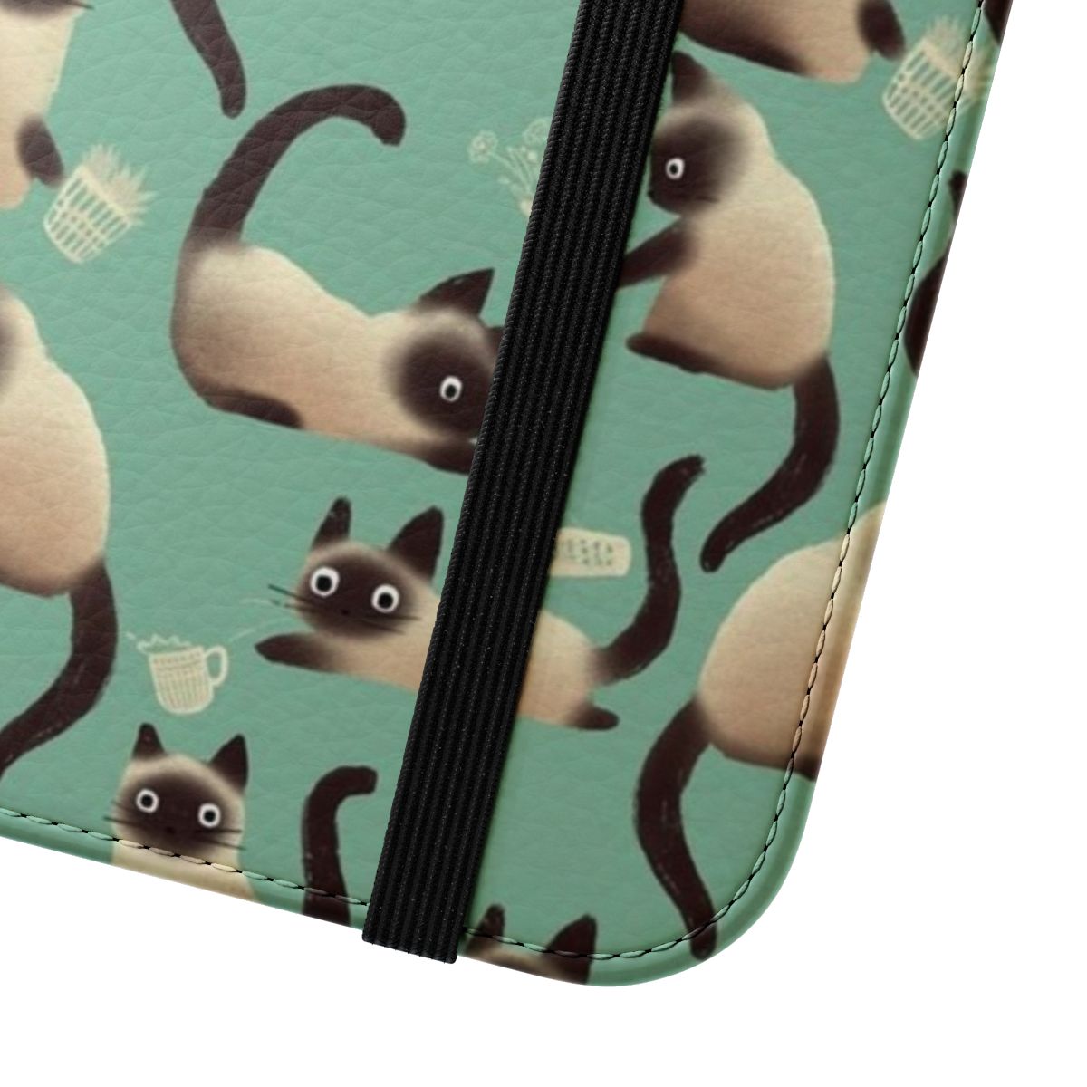 Whimsical phone case featuring a hand-drawn pattern of mischievous Siamese cats knocking things over. - Close Up