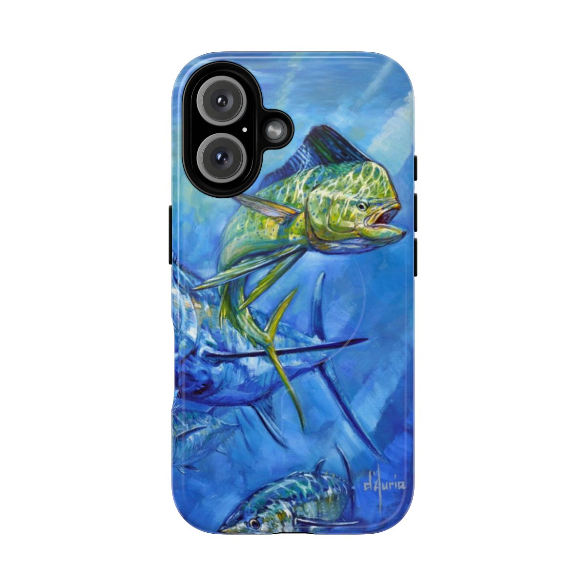 Durable magnetic phone case with artwork of dorado, marlin, and tuna fish swimming underwater