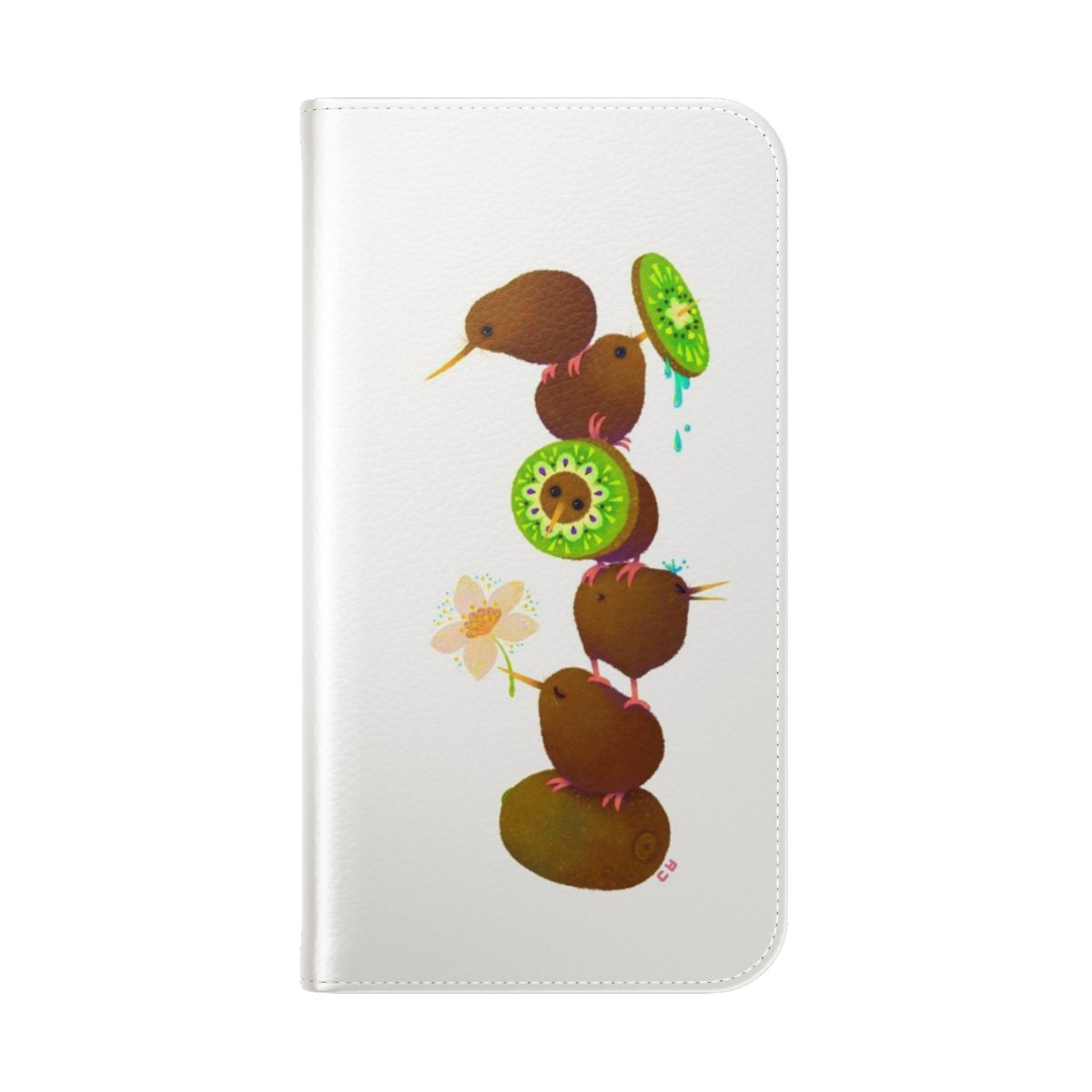 Colorful kiwi-themed phone case with a fun bird design - Folded Back