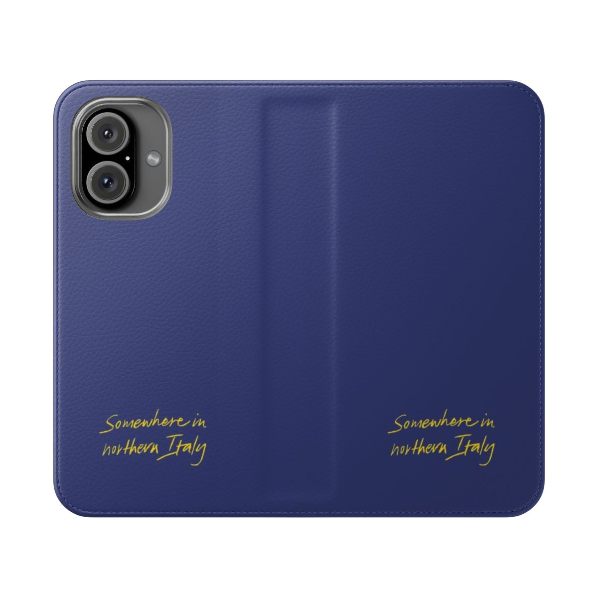 A stylish phone case featuring a scenic view inspired by the film Call Me By Your Name, with the names of the main characters Elio and Oliver.