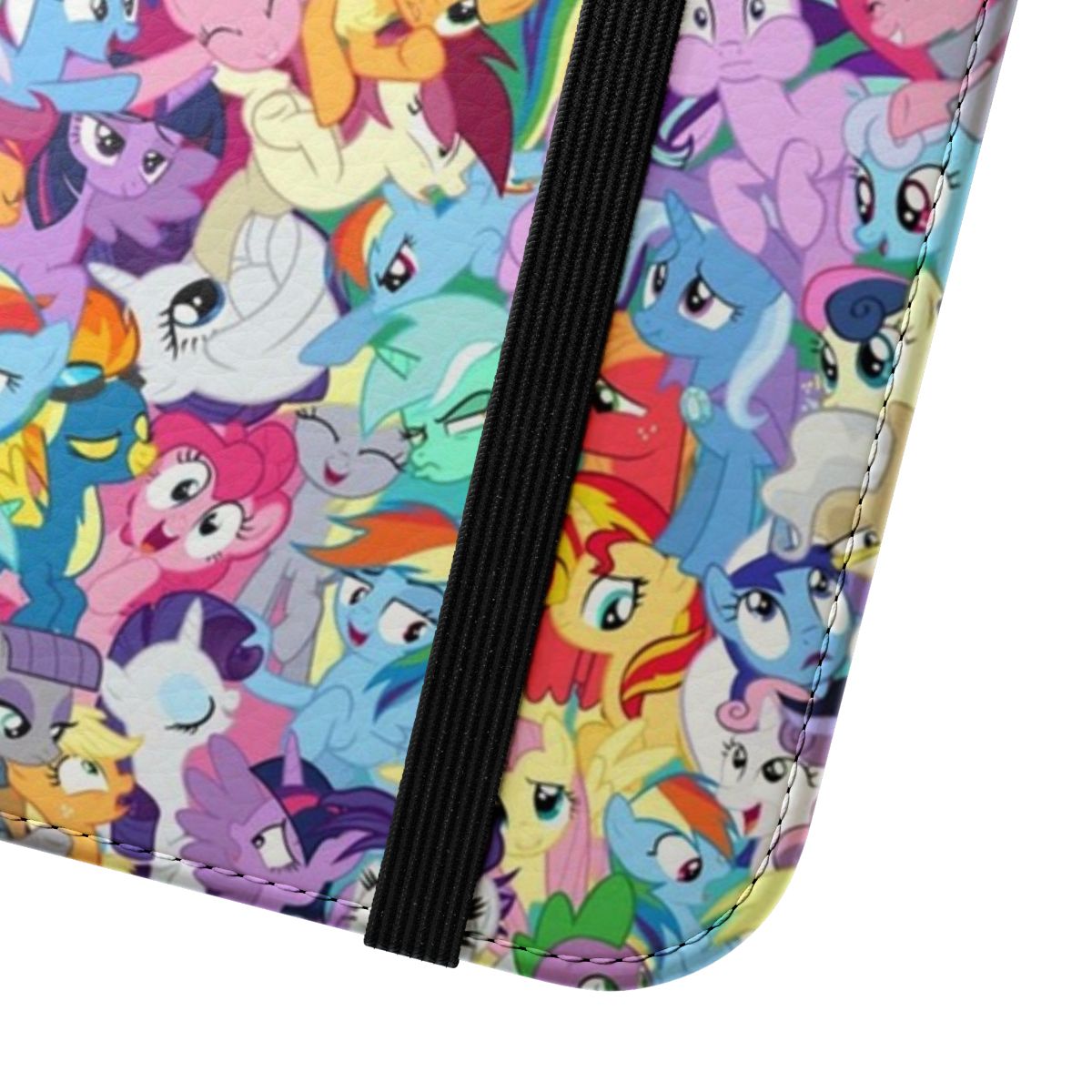 Flip cover phone case featuring a colorful, whimsical pony design. - Close Up