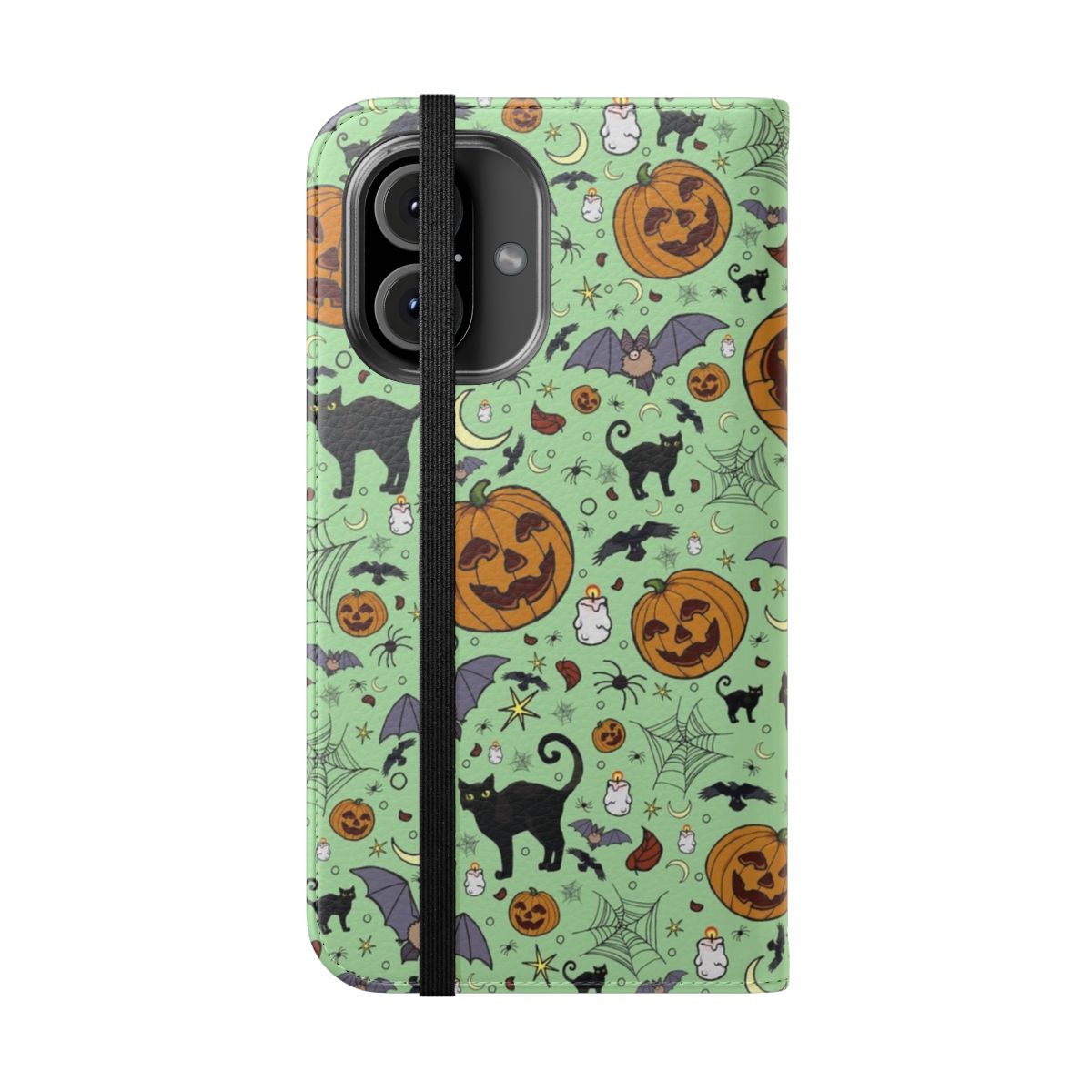 A black flip phone case with a cute and creepy Halloween-themed pattern - Folded Front