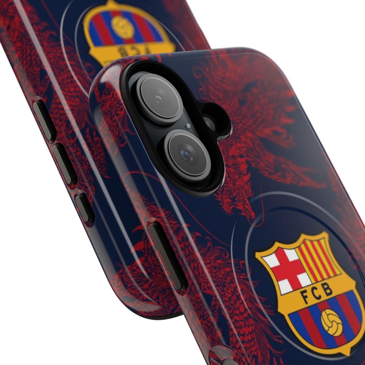 Vibrant blue and red dragons magnetic tough phone case for FC Barcelona soccer fans - Detail