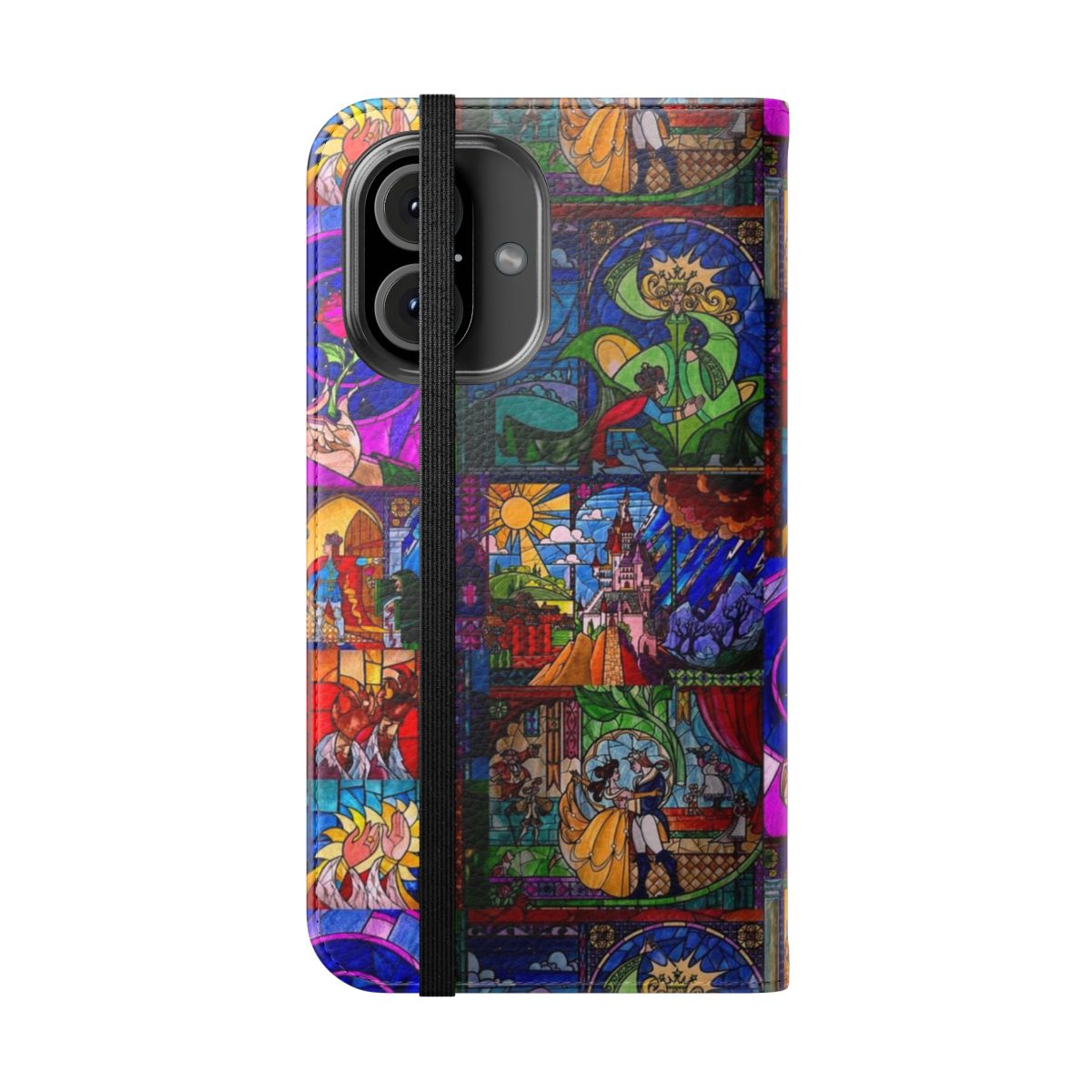 Stained glass design phone case featuring Beauty and the Beast characters - Folded Front