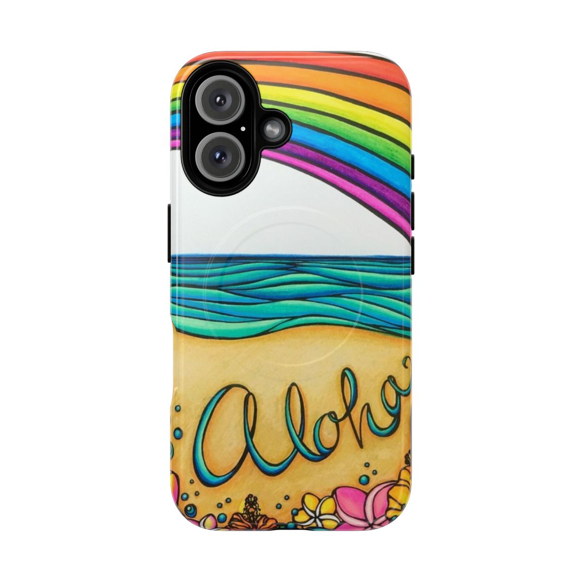 Vibrant tropical Hawaii-inspired magnetic tough phone case with ocean, rainbows, and floral designs.