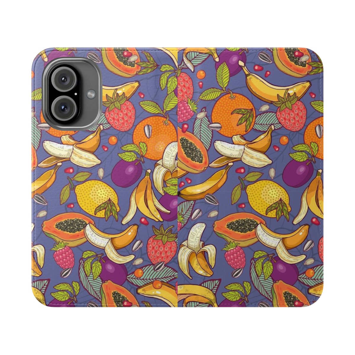 Colorful tropical-themed flip cover phone case with papaya, strawberry, and other fruit designs.