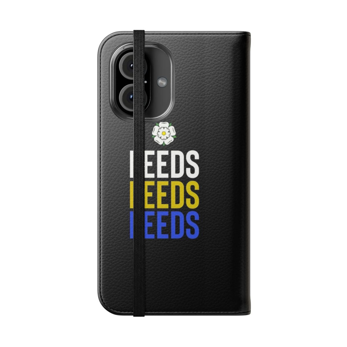 Sleek flip cover phone case featuring the Leeds football club crest and colors - Folded Front