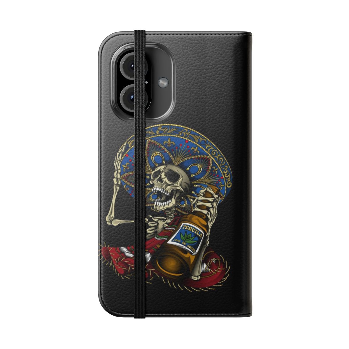 Vibrant flip phone case featuring an Aztec-inspired sugar skull design in traditional Mexican colors - Folded Front