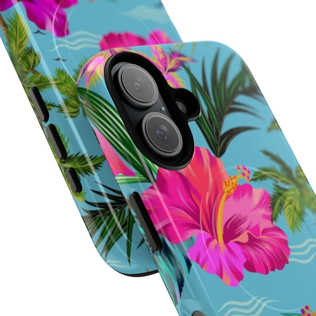 A stylish retro aloha pattern phone case featuring tropical flowers, palm trees, and surfer waves. - Detail