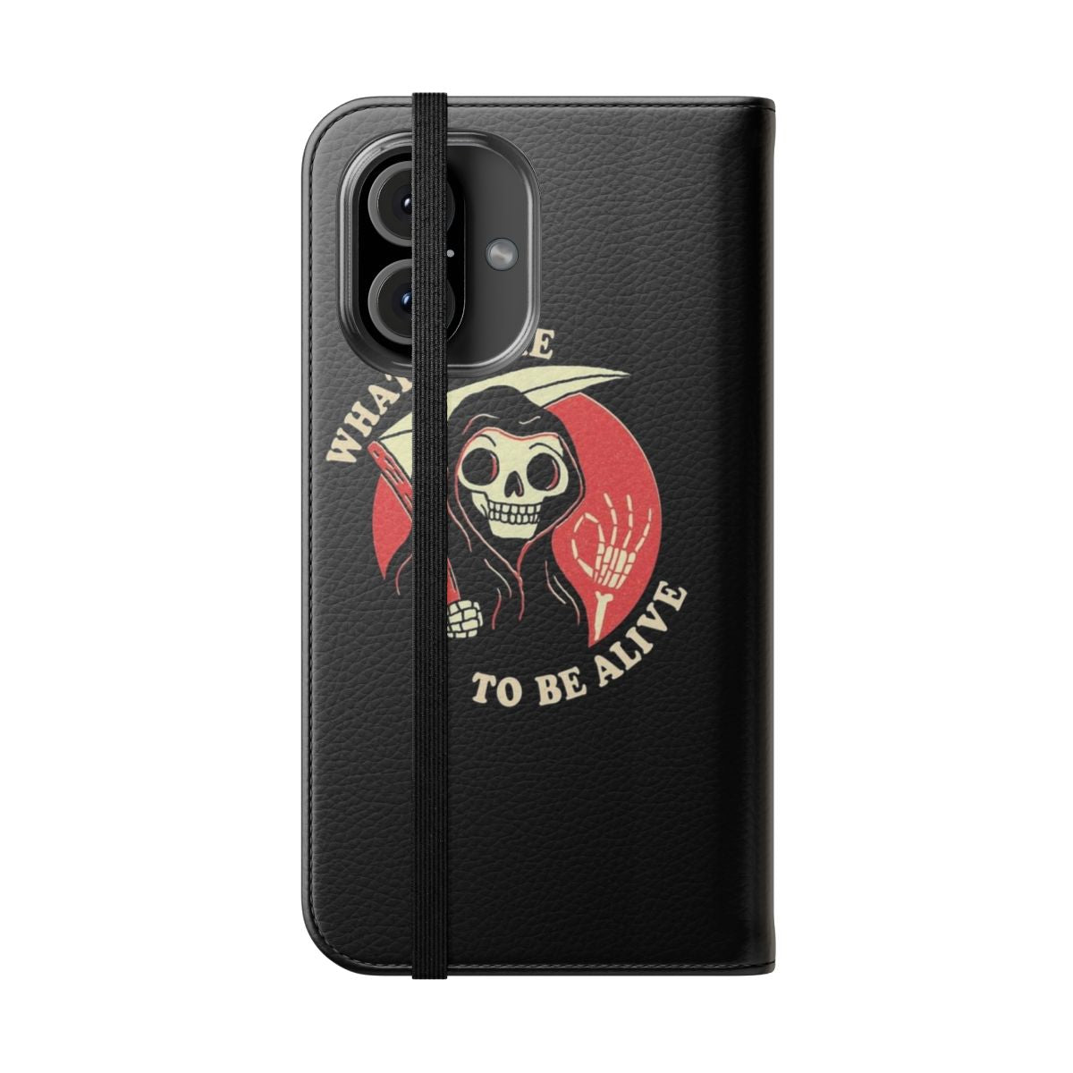 Retro vintage styled flip cover phone case with a grim reaper character design - Folded Front