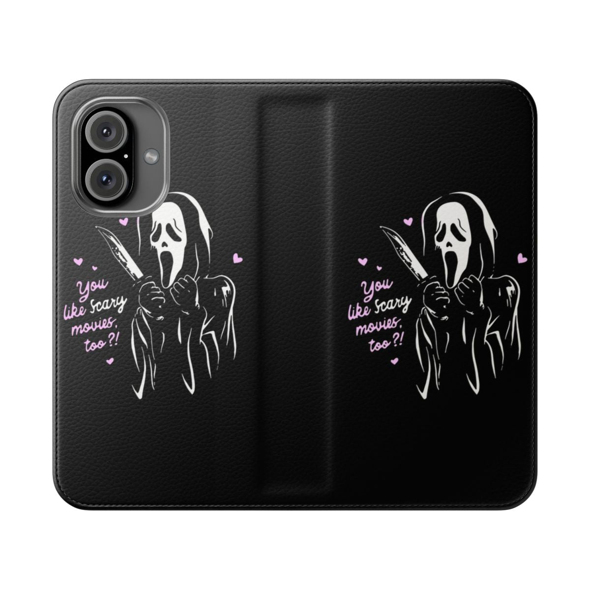 Ghostface-inspired flip phone case with iconic horror movie imagery